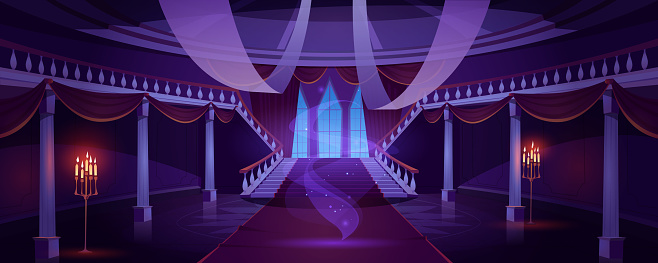 Hall interior with ghost in medieval royal castle at night. Vector cartoon illustration of empty hallway in baroque palace with stairs, balustrade, glowing candles and mystical fog