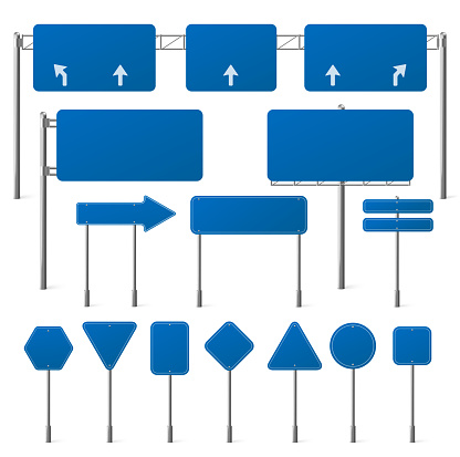 Blue road signs different shapes on metal frame. Vector realistic set of blank traffic sign boards with arrows for directions, location or notice on highway, city street or car road