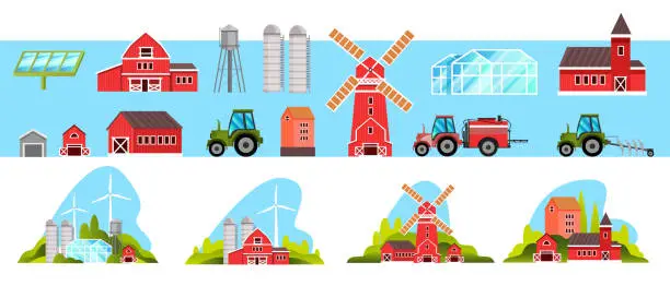 Vector illustration of Farm village collection with mill, barn, tractor, greenhouse, wind turbine, solar panel, red houses.