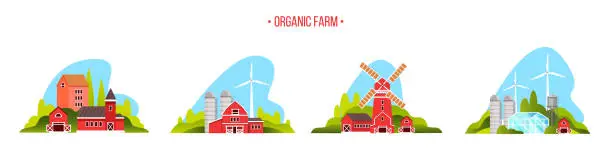 Vector illustration of Organic farm city set with mill, barn, wind turbine, village houses, water tower.