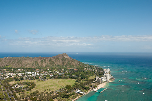 Waikiki beach and diamond head from a helicopter.