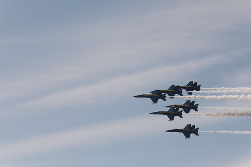 Seattle, USA - August 3, 2019: Jets flying over the city mid day during seafair.