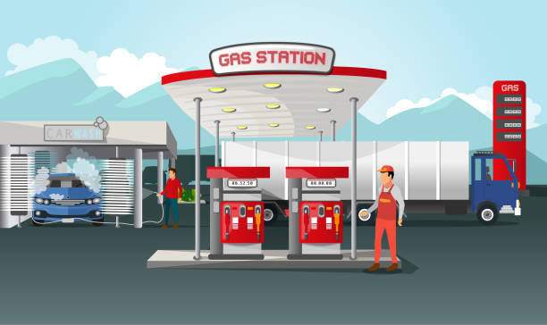 주유소 일러스트 - refueling truck gasoline fuel pump stock illustrations