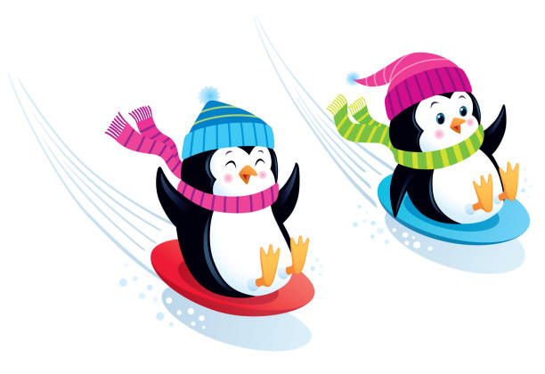 ilustrações, clipart, desenhos animados e ícones de pinguins fofos snow sledding downhill em discos de disco - 2334