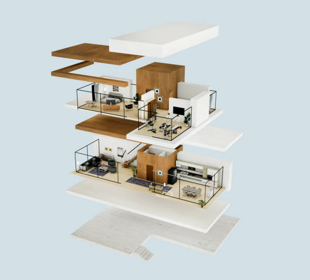 3d render of a two story house project - three dimensional blueprint construction housing project imagens e fotografias de stock