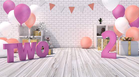 3D render of a beautiful birthday party for a girl turning two - celebration concepts