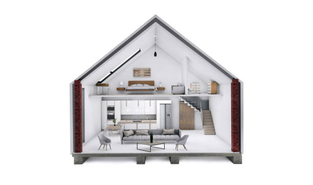 renderização 3d de uma bela casa de dois andares - house diagram - fotografias e filmes do acervo