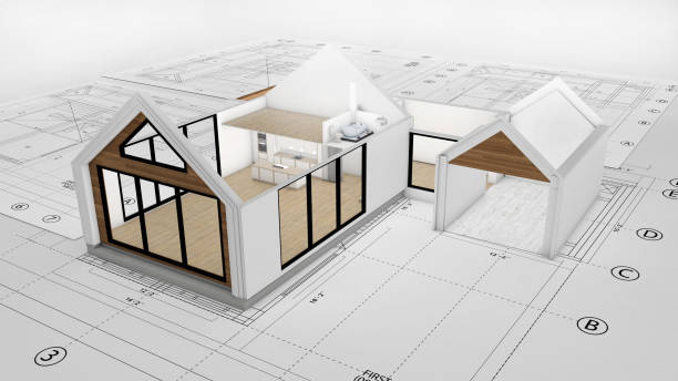 上に美しい2階建ての家の3dレンダリングと青写真 - house plan real estate planning ストックフォトと画像