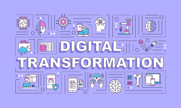 Digital transformation word concepts banner Digital transformation word concepts banner. Integration of artificial intelligence. Infographics with linear icons on purple background. Isolated typography. Vector outline RGB color illustration dx stock illustrations