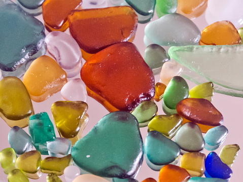 Various colors of sea glass and artful displays