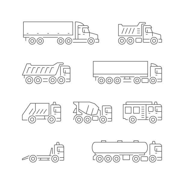 Set line icons of trucks Set line icons of trucks isolated on white. Trailer, dumper, garbage truck, concrete mixer, fire engine, tow truck, tanker. Freight transportation. Vector illustration tank truck stock illustrations