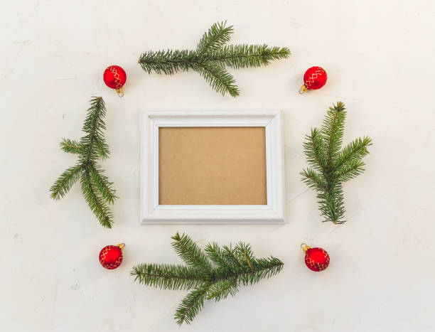 istock Christmas background, fir branches with red baubles, beautiful frame and copy space for your text. 1264139404