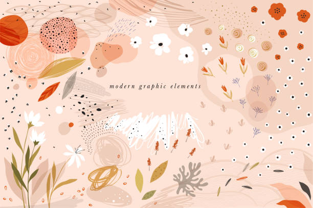 Modern Graphic Elements_03 Create your own design with these graphic items. Trendy geometric forms, textures, strokes, abstract and floral decor elements. pink background illustrations stock illustrations