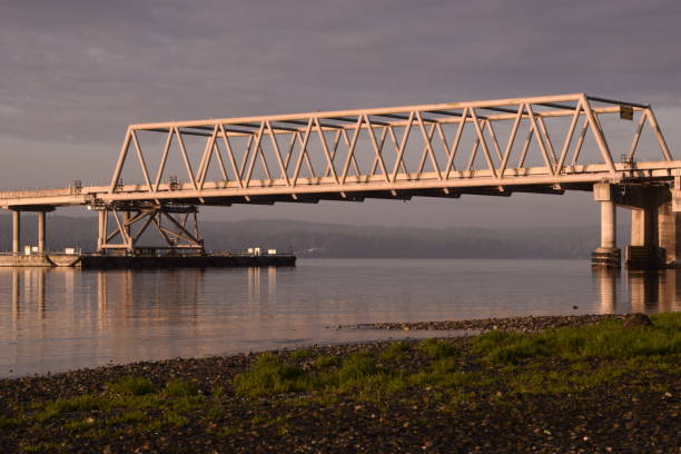 istock Low Angle View Of Large Bridge From The Shore During Sunrise 1264140816