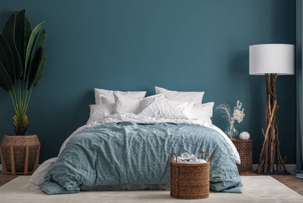 istock Home interior mock-up background, dark green bedroom with potted palm 1264144465