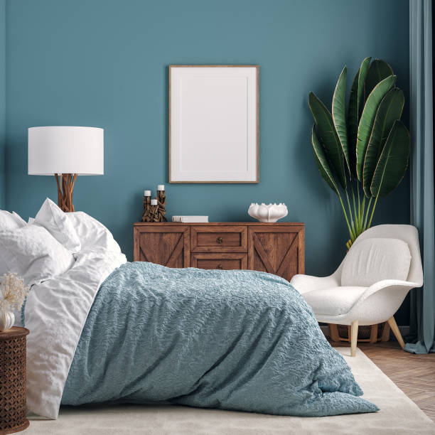 istock Mockup frame in dark green bedroom interior background 1264144495