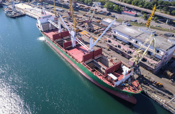 istock A cargo ship at the pier in the port. The loading process is in progress. View from above. 1264144683