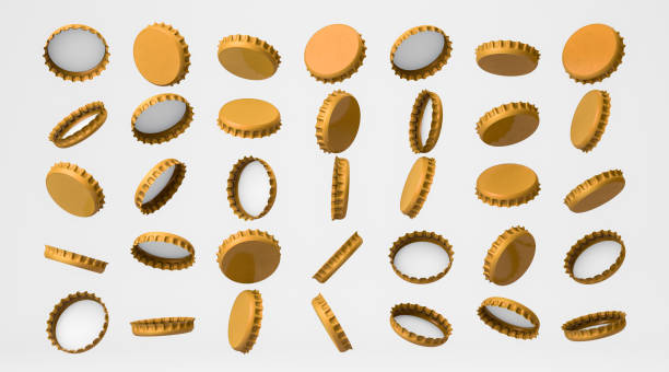 fotografii de stoc, fotografii și imagini scutite de redevențe cu set realist de capace de sticlă de băuturi aurii batjocori cu toate vedere laterală - capac