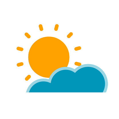 The sun is peeping out from behind the clouds. Weather icon or symbol. Vector isolated illustration on white background.