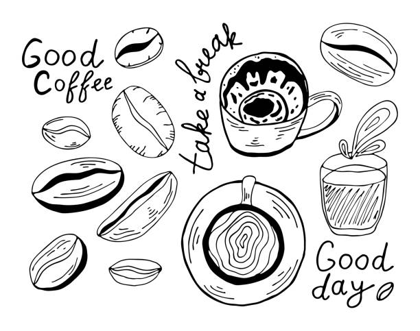 ilustraciones, imágenes clip art, dibujos animados e iconos de stock de diseño de tarjeta de día de café a internet. doodle de bebidas de contorno negro sobre fondo blanco. tazas de café con abejas e ilustración vectorial de letras. - coffee aromatherapy black black coffee