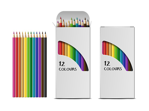 Set of Vector realistic boxes of colored pencils isolated on white background. Opened and closed packages with color pencils. Design template, clipart or mockup for your graphics. Top view
