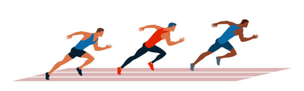ilustraciones, imágenes clip art, dibujos animados e iconos de stock de competición deportiva entre hombres corriendo. - sprinting