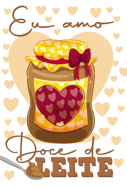 I love Milk Sweet Cartoon style illustration of a jar and spoon of dulce de leche with the text "I love dulce de leche". doce stock illustrations