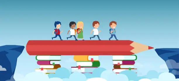 Vector illustration of Vector of a pencil on book stacks bridging the gap in education for children passing by