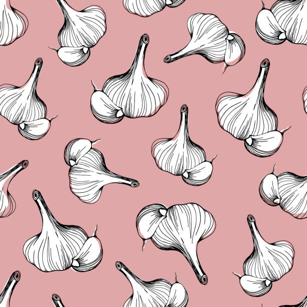 ilustrações de stock, clip art, desenhos animados e ícones de seamless pattern of garlic on a pink background.a simple pattern of garlic.hand-drawn illustration. design for textiles, paper - root paper black textured