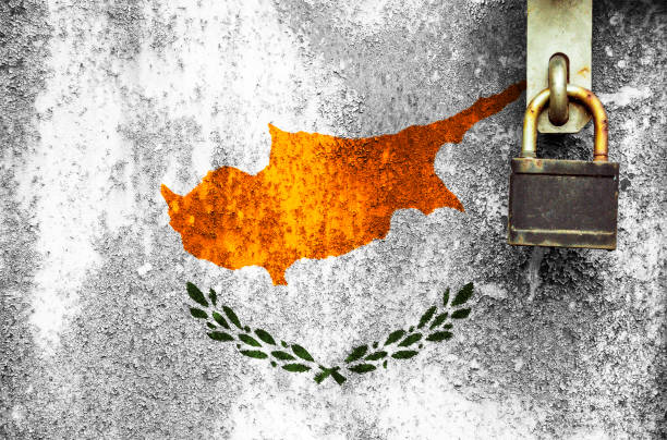 Cyprus flag is on texture. Template. Coronavirus pandemic. Countries may be closed. Locks.