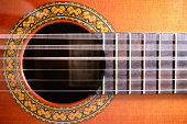 Close-up of acoustic guitar with vibrating strings