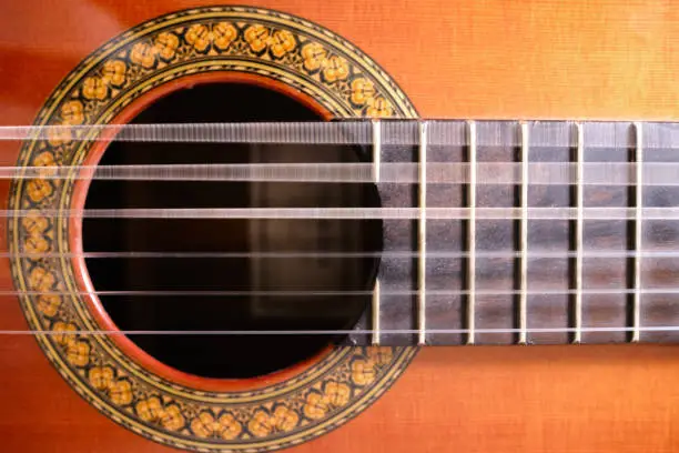 Photo of Close-up of acoustic guitar with vibrating strings