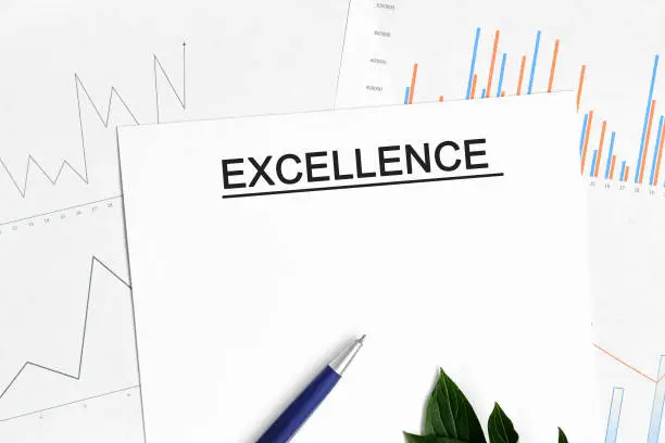 Photo of EXCELLENCE document with graphs, diagrams and blue pen