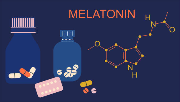 ilustrações de stock, clip art, desenhos animados e ícones de melatonin tablets with hormone chemical formula. insomnia concept. night time and sleep disorder. addiction of pills,hypochondria. - blister pack pill medicine healthcare and medicine