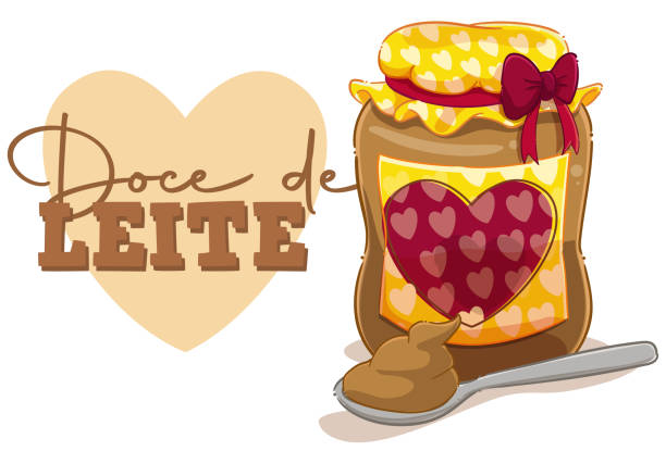 milk caramel Cartoon style illustration of a jar and spoon of dulce de leche with the text "dulce de leche". doce stock illustrations