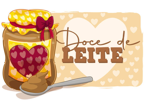 milk caramel Cartoon style illustration of a jar and spoon of dulce de leche with the text "dulce de leche". doce stock illustrations