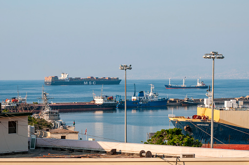 Beirut, Lebanon - Septmber 19, 2010: Ships, including the MSC Chicago, a container vessel, at the port of Beirut.