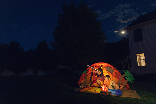 A dad with his son camp out in the backyard of their home due to the coronavirus restrictions and quarantine. They have pitched a tent and created a beach scene with stuffed animal friends and have a fake campfire. They are searching the twilight for the stars in the sky.