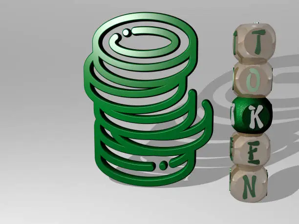 3D illustration of TOKEN graphics and text around the icon made by metallic dice letters for the related meanings of the concept and presentations