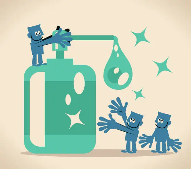Vector illustration of Group of people pressing a big bottle of alcohol-based hand sanitizer gel for hygiene to protect from coronavirus  (covid-19, bacterium, virus)
