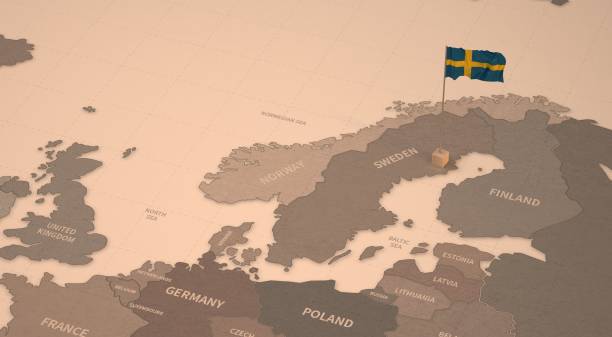 스웨덴의지도에 플래그. 빈티지 지도 와 유럽 국가 시리즈 3d 렌더링의 플래그 - passport sweden customs europe 뉴스 사진 이미지