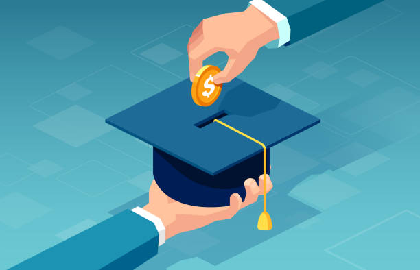 Vector of a man paying for his education Vector of a man paying for his education making a dollar coin deposit in graduation cap expense illustrations stock illustrations