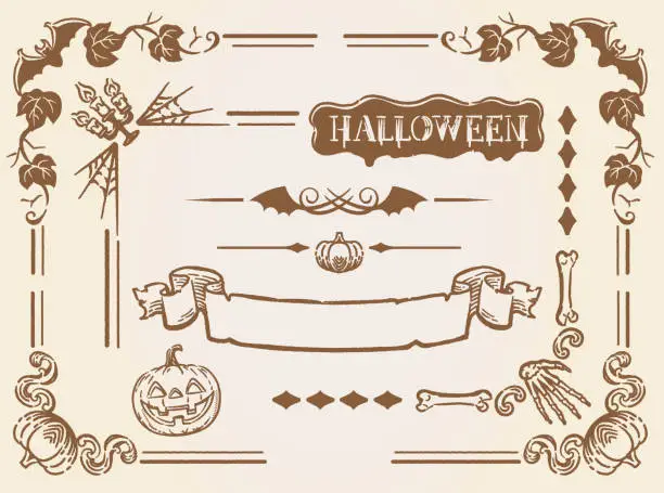 Vector illustration of Set of Halloween themed elements and frame corners in vintage style. Vector illustration.