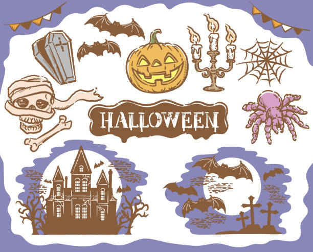 복고풍 스타일의 할로윈 일러스트 세트. 벡터 환상. - halloween invitation vector coffin stock illustrations