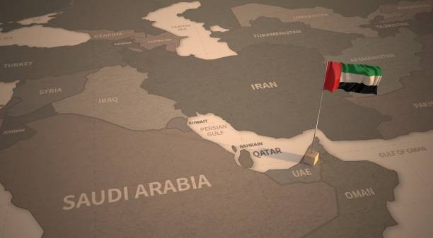 Flag on the map of UAE. Vintage Map and Flag of middle east, arab Countries Series 3D Rendering Vintage Map and Flag of middle east, arab Countries Series 3D Rendering united arab emirates flag map stock pictures, royalty-free photos & images