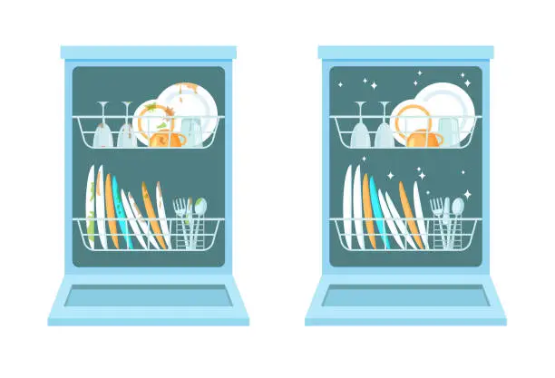 Vector illustration of Open dishwasher with clean and dirty dishes.