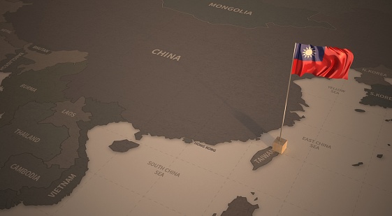 Bandera en el mapa de taiwan. Mapa Vintage y Bandera de países asiáticos del noreste Serie 3D Renderización photo