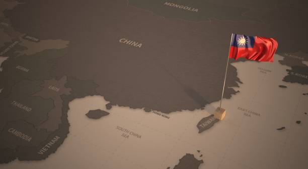 台湾の地図上のフラグ。北東アジア諸国シリーズ3dレンダリングのヴィンテージマップと旗 - 台湾 ストックフォトと画像