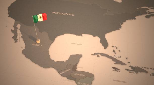 flag on the map of mexico. vintage map and flag of south america, latin american countries series 3d rendering - mexican flag mexico flag digitally generated image imagens e fotografias de stock