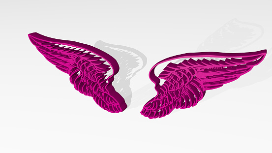 ANGLE WINGS made by 3D illustration of a shiny metallic sculpture with the shadow on light background